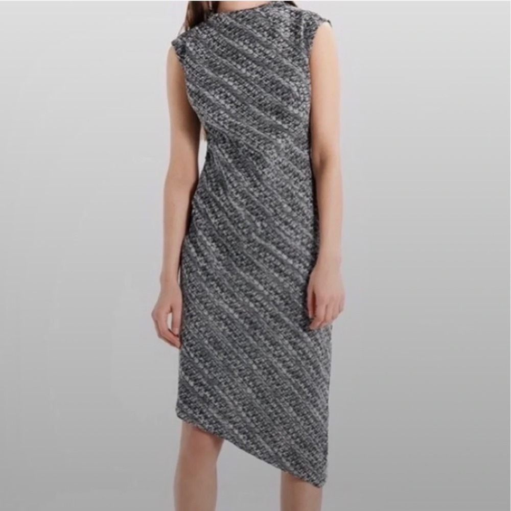 Banana Republic Women Black White Tweed Asymmetrical Midi Sheath Dress sz 2 NWT